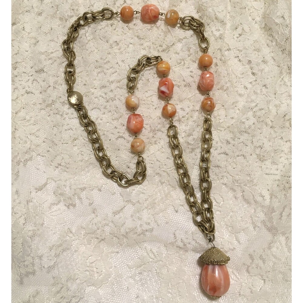 Vintage Chunky Chain Pendant Necklace Plastic Beads Mushroom 60s 70s Retro